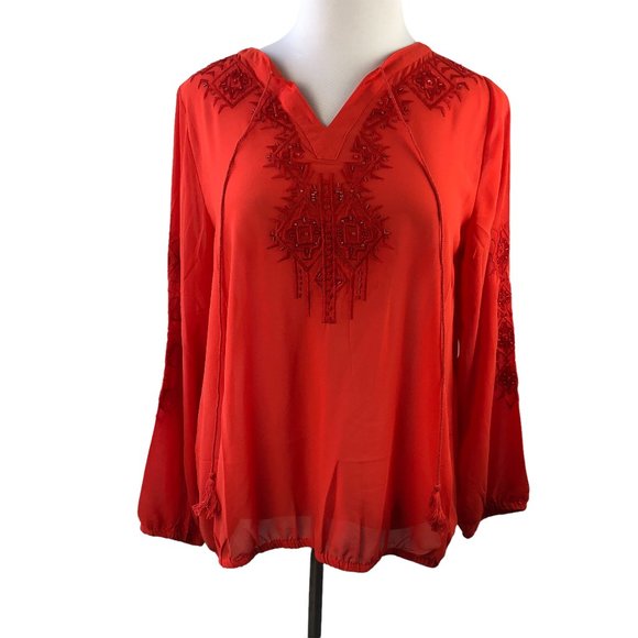 Lane Bryant Artist Top Beaded Embroidered Sheer Blouse Orange Red Size 14/16 - Picture 2 of 6